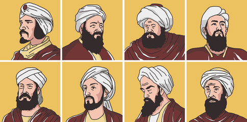 vector illustration of eight Islamic scholars - Al-Kindi, Al-Jazari, Jabir ibn Hayyan, al-Battani, Al-Razi, Al-Tabari, Abbas bin Firnas, Al-Zahrawi