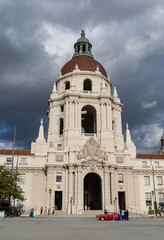 Fototapeta na wymiar Pasadena City Hall under moody skies