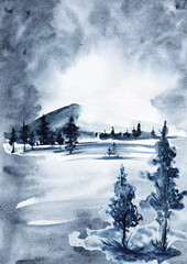 Poster with watercolor blue, purple background with mountains, trees, lakes. Suitable for greeting cards, invitations, design works, crafts and perfect for invitation card template, poster, printing, 