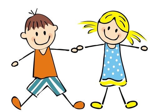 Two smiling dancing kids, boy with girl, cute vector illustration, jumping children