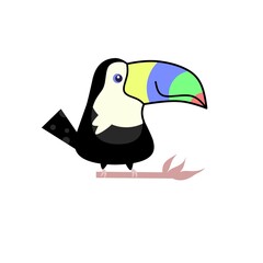 Obraz premium Vector illustration of a cute toucan on a branch. Cute and childish toucan character isolated on a white background. suitable for children's book covers and learning to draw.