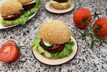 Delicious veggie burger made with fresh vegetables. Vegetarian meal, plant based food concept.