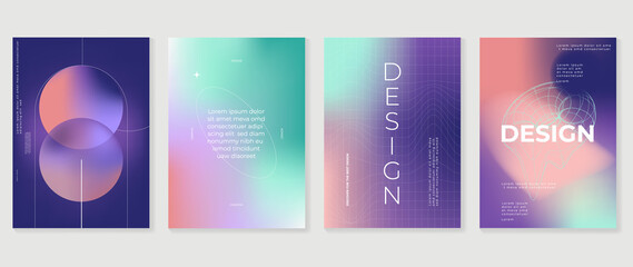 Abstract gradient cover template. Colorful poster in modern style with hologram, circle, bubbles, grid, star, sparkling elements. Fluid gradient perfect for presentation, business, media, banner. - obrazy, fototapety, plakaty