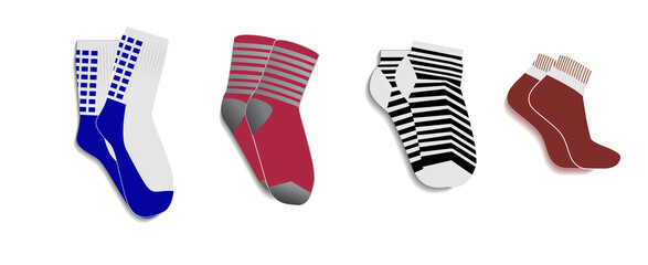 realistic socks type cloth. various kinds of 

long and short socks. modern style foot wear 

isolated on white background.
