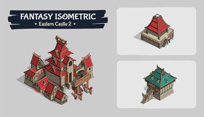 Isometric Eastern Castle Fantasy game assets - Vector Illustration - obrazy, fototapety, plakaty