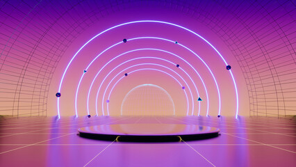 Fototapeta premium 3d abstract neon background, geometric background with polygonal structure, cyber space virtual reality, Podium show products, place for product, colored neon lights, retro sci-fi style
