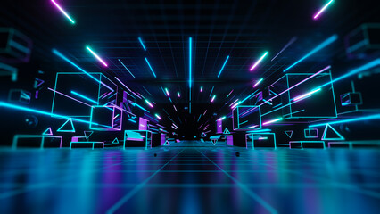 3d abstract neon background, geometric background with polygonal structure, cyber space virtual reality, Podium show products, place for product, colored neon lights, retro sci-fi style