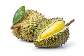 Durian fruit and ripe durian cut in half with green leaves isolated on white background. 