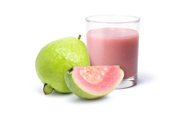 Fresh guava juice and pink guava fruit isolated on whitebackground.