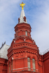 MOSCOW, RUSSIA, on April 19 2022. The building of the State Historical Museum at Red Square, a facade fragment