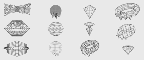 Collection of futuristic cyberpunk style elements. Geometric wireframe of circle, earth, distortion, grid with black color. Retro graphic design perfect for decoration, business, cover, poster.