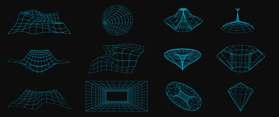 Collection of futuristic cyberpunk style elements. Geometric wireframe of circle, earth, distortion, grid with blue color. Retro graphic on black background for decoration, business, cover, poster.
