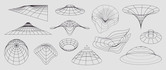 Collection of futuristic cyberpunk style elements. Geometric wireframe of circle, earth, distortion, grid with black color. Retro graphic design perfect for decoration, business, cover, poster.