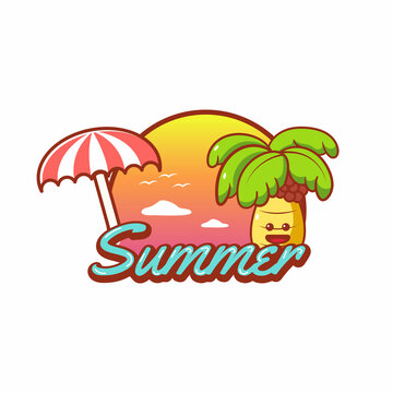 logotype summer with umbrella and coconut tree