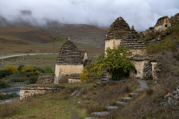 A cloudy October day in the ancient City of the Dead (Dargavs grave complex). Northern Ossetia-Alania, Russian Federation