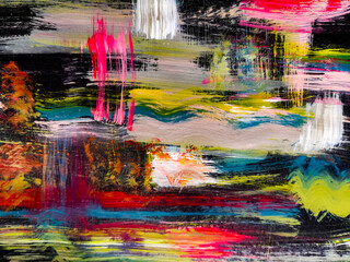Abstract nonfigurative  acrylic  picture with brush lines highlighting well, vibrant colors, black background