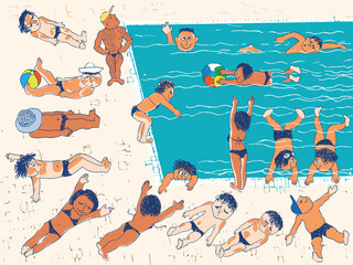 Group of people sunbathing and swimming in the pool. Vector illustration, hand drawn - 500526140