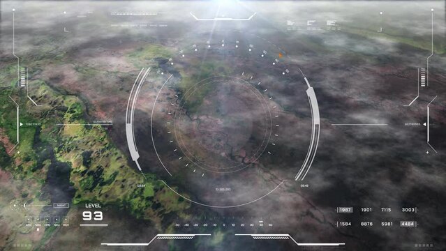 HUD aerial view science fiction landscape flying over mountain with UI scanning interface military weapon concept 4K motion.