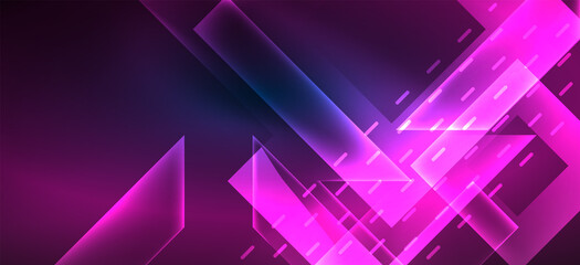 Obraz premium Background neon glowing lines and geometric shapes. Lights in the dark wallpaper for concept of AI technology, blockchain, digital, communication, 5G, science