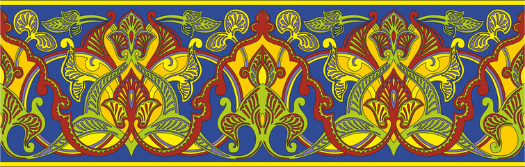 Vector seamless colored gold arabic national ornament, border, frame. Endless vegetable.Pattern of eastern peoples of Asia, Africa, Persia, Iran, Iraq.