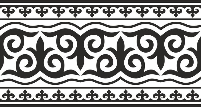 Vector monochrome seamless Kazakh national ornament, yurt decoration. Endless black border, frame of the nomadic peoples of the Great Steppe. For sandblasting, laser and plotter cutting.
