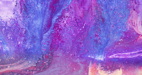 Ink mix. Glitter paint texture. Marble pattern. Blur fluorescent purple pink blue color shiny fluid...