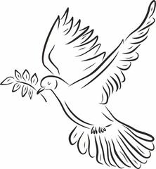 Vector monochrome flying dove with an olive branch in its beak. The bird of hope..