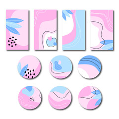 Set of icons for instagram in abstract flat style with twigs, lines and dots. Stylish trendy covers in pink shades for instagram