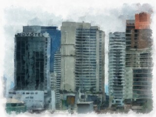 landscape of tall buildings watercolor style illustration impressionist painting.