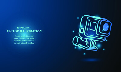 Glowing action camera isolated on blue background