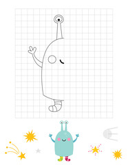 Space activities for kids. Finish the picture – cute alien. Logic games for children. Drawing grid. Coloring page. Vector illustration.