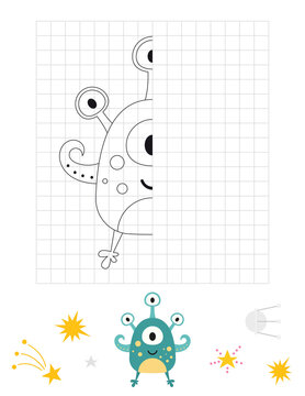 Space activities for kids. Finish the picture – cute green alien. Logic games for children. Drawing grid. Coloring page. Vector illustration.