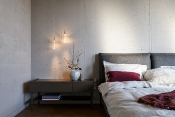 Bedroom in loft interior, bedroom in loft style, bedroom in the sun, bedroom in gray and beige tones