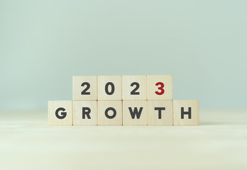 Business growth concept in 2023. Business goals and achievement. Sustainable development. Wooden cubes inscripted 2023 and growth text on smart background. Positive indicators banner.