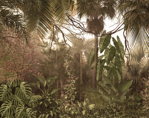 tropische Bäume und Blätter für Digitaldrucktapeten, kundenspezifische Designtapeten - 3D-Illustration