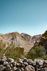 Vertical shot of snow-capped mountain valley with vegetation and rock wall below, Chile