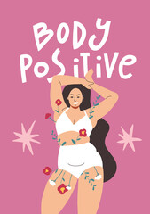 Very different beautiful girls are standing in swimsuits and smiling. Vector illustration on the theme of body positivity and lettering.
