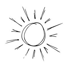 Hand drawn ink sketch of Sun doodle logo, icon, sign, emblem. Vector in cartoon doodle children's style. Element of design for print, clothes, greeting invitation card, cover, flyer, decoration