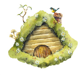 Green Forest Gnome. Set. Gnome Hut. Watercolor hand drawn illustration - 500536502