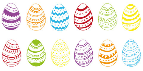 Colored Easter Eggs. Set of hand drvector illustrations of eggs with different ornament with bunny ears.