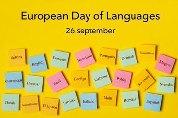 colored plates with the official languages of the European Union for the celebration of the...