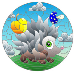 Illustration in the style of a stained glass window with a cute cartoon hedgehog on the background of a green meadow and a cloudy sky