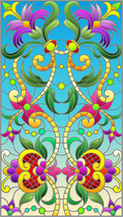 Illustration in the stained glass style with an abstract flower arrangement on a blue background, vertical image