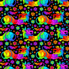 Seamless illustration with abstract lions and flowers, animals in stained glass style on a dark background