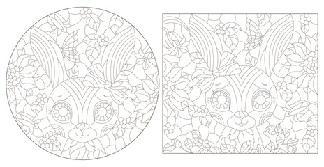 A set of contour illustrations in the style of stained glass with portraits of cute cartoon rabbits on a background of flowers
