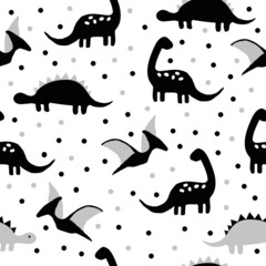 A simple set of dinosaurs. Black and gray dinosaurs, dots. white background. vector illustration. Fashionable print for textiles, wallpaper and packaging.
