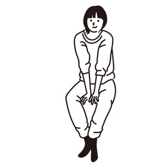 座る　女性　正面　全身　線画　ベクターイラスト