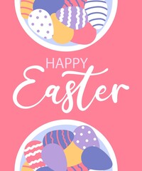 Colorful postcard or poster with colored eggs. Happy Easter greeting card. Flat vector illustrations.