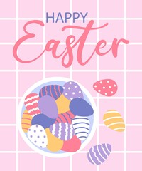 Colorful postcard or poster with colored eggs. Happy Easter greeting card. Flat vector illustrations.