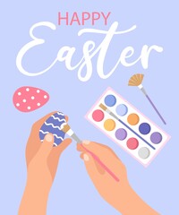 Colorful postcard or poster with colored eggs. Happy Easter greeting card. Flat vector illustrations.